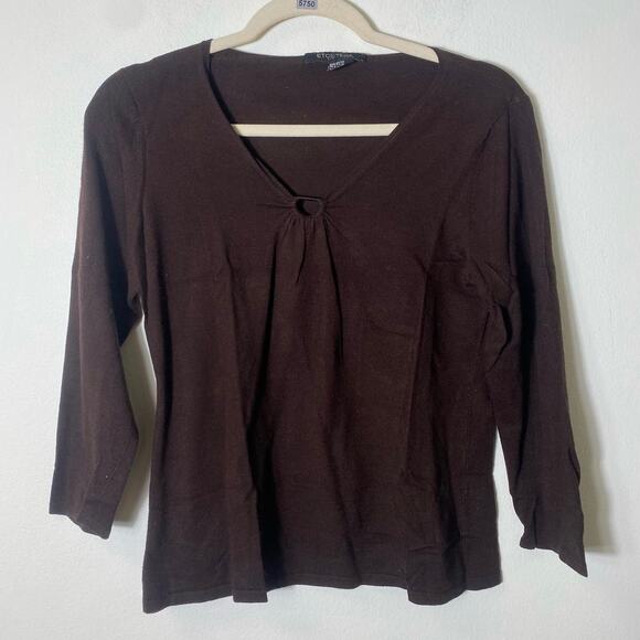 Etcetera Brown V-neck Silver Bar 3/4 Sleeve Sweater Sz M - Picture 1 of 3